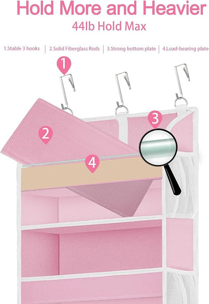 Pink Over the Door Organizer - 5-Tier Hanging Storage with Clear PVC Windows & 10 Mesh Pockets, Cute Closet Organizer for Makeup, Perfume, Toys, Perfect Pink Room Decor for Girl