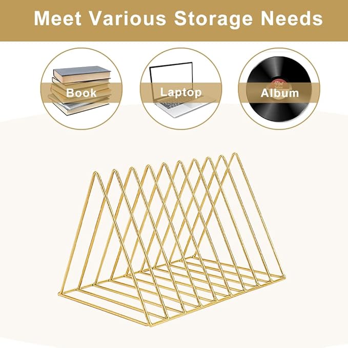 4Pcs Triangle File Holder, 9 Slot Black Magazine Holder, Metal Vinyl Record Storage Stand, Desktop File Organizer Magazine Rack, Bookshelf Organizer for Office Home, Letter Book (Gold) (Gold)