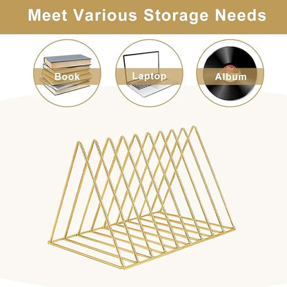 4Pcs Triangle File Holder, 9 Slot Black Magazine Holder, Metal Vinyl Record Storage Stand, Desktop File Organizer Magazine Rack, Bookshelf Organizer for Office Home, Letter Book (Gold) (Gold)