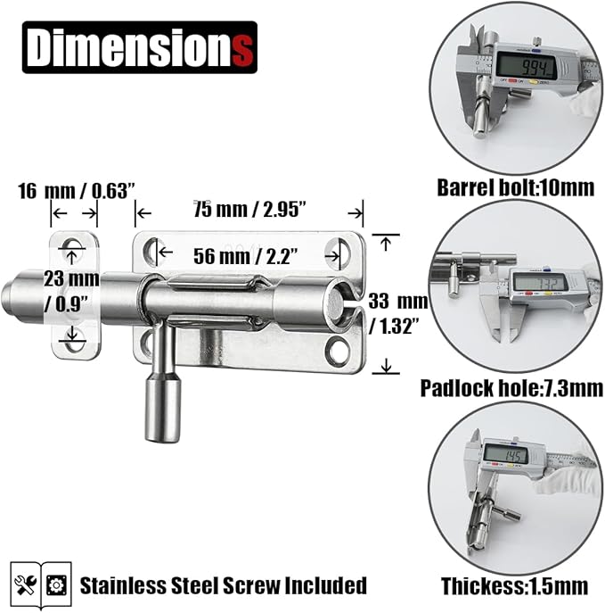 JQK Door Latch Lock Barrel Bolt 4 Inch, 304 Stainless Steel Slide Gate Latches Security Thickened 1.4mm with Padlock Hole, Silver, 2 Pack HBB120-P2