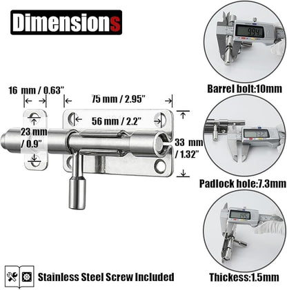 JQK Door Latch Lock Barrel Bolt 4 Inch, 304 Stainless Steel Slide Gate Latches Security Thickened 1.4mm with Padlock Hole, Silver, 2 Pack HBB120-P2