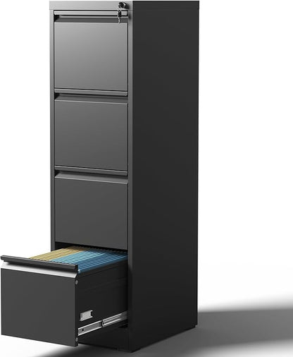 4 Drawer Metal File Cabinet with Lock Heavy Duty Lockable Filing Cabinets Home Office Steel File Cabinet Black Vertical File Cabinets for Legal/Letter Size File,Assembly Required
