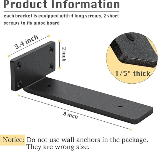 8 Pack Shelf Brackets 8 Inch Floating Shelf Bracket 1/5 inch Thick Heavy Duty Hidden Shelf Brackets Iron Metal Brackets for Shelf Support with Screw Included