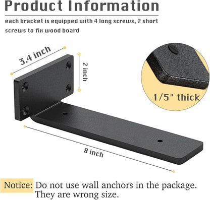 4 Pack Shelf Brackets 8 Inch Floating Shelf Bracket 1/5 inch Thick Heavy Duty Hidden Shelf Brackets Iron Metal Brackets for Shelf Support with Screw Included