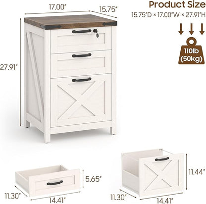 3 Drawer Small File Cabinet with Lock, Farmhouse Vertical Filing Cabinet Fits Letter and A4 Size, Under Desk Wooden File Cabinets for Home Office, Printer Stand, Rustic White