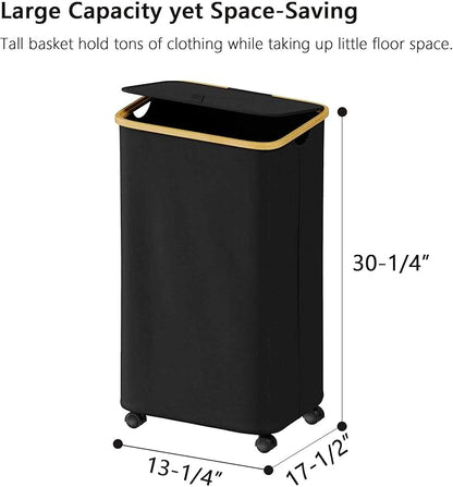 SUOCO Laundry Hamper on Wheels 100L, Clothes Basket with Lid and Bamboo Handles, Foldable Laundry Hamper for Bedroom, Bathroom, Dorm, Laundry Room - Black