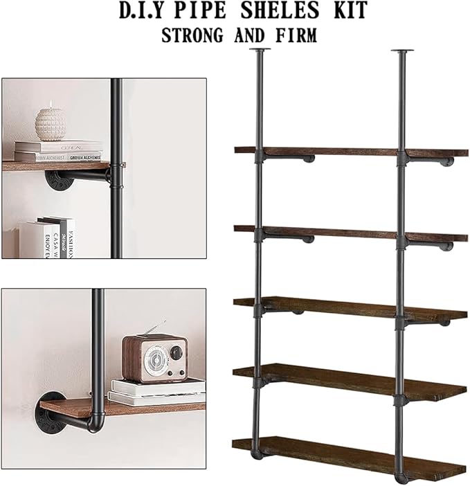 HITOMEN Industrial Iron Pipe Shelves, 2 Set 5-Tier 70.5" Tall 12" Depth, DIY Open Bookshelf Bookcase, Wall Mounted Vintage Retro Shelving, Rustic Farmhouse Pantry Kitchen Storage, Black Shelf Brackets