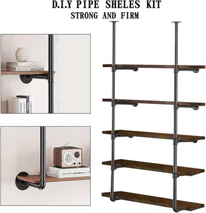 HITOMEN Industrial Iron Pipe Shelves, 2 Set 5-Tier 70.5" Tall 12" Depth, DIY Open Bookshelf Bookcase, Wall Mounted Vintage Retro Shelving, Rustic Farmhouse Pantry Kitchen Storage, Black Shelf Brackets