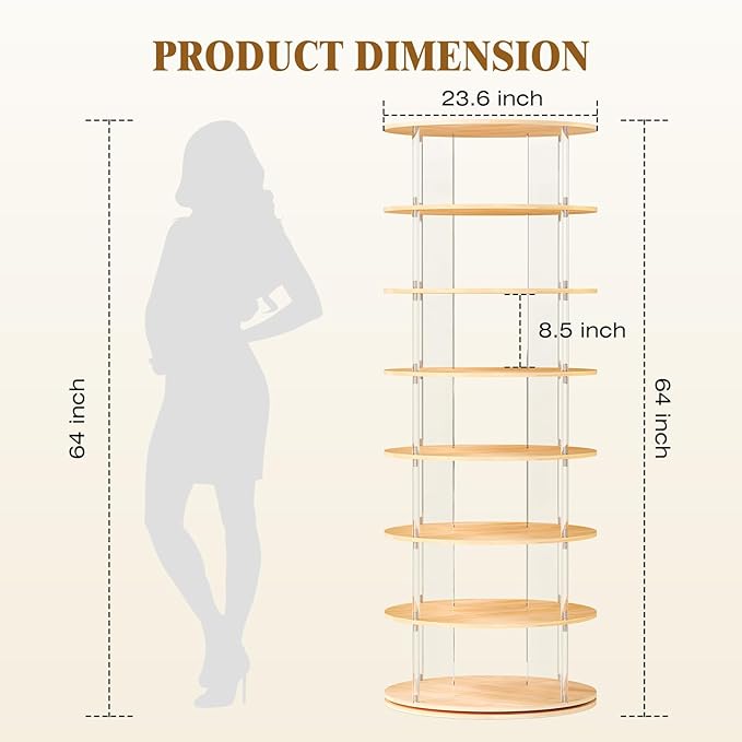7-Tier Rotating Shoe Rack, 360 Degree Spinning Shoe Rack Tower, Lazy Susan Storage Tower Made of Acrylic and Wood, Round Rotating Organizer Shelf for Closet, Entryway and Bedroom