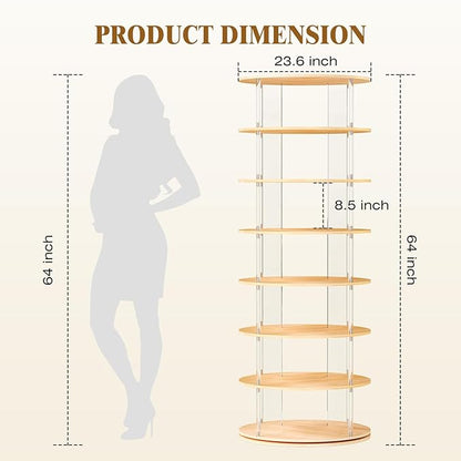 7-Tier Rotating Shoe Rack, 360 Degree Spinning Shoe Rack Tower, Lazy Susan Storage Tower Made of Acrylic and Wood, Round Rotating Organizer Shelf for Closet, Entryway and Bedroom