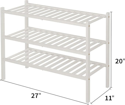 3 Tier Bamboo Shoe Rack for Closet Free Standing Wood Shoe Shelf Storage Organizer for Entryway Small Space Stackable 27"x11"x20" (White)