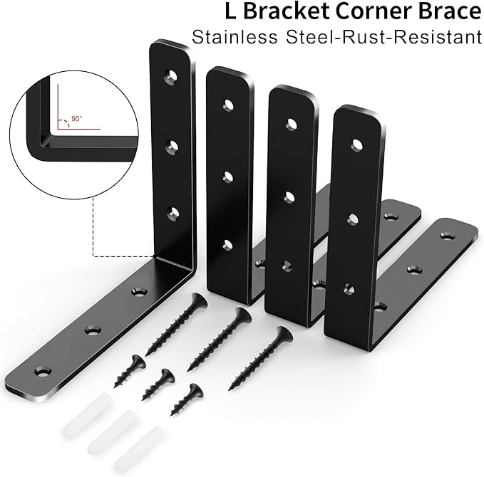 YUMORE L Bracket, 4x4 Inch Max Load: 25lb/12kg Heavy Duty Stainless Steel Solid Shelf Support Corner Brace Joint Right Angle Bracket, Pack of 4, Black