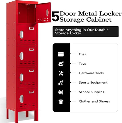 Metal Storage Locker with Lock & Card Slot Locker - Secure Lockable Door - Steel Locker for School, Office, Gym, Home - 66.15" H x 11.8" W x 11.8" D（5 Door, Red）