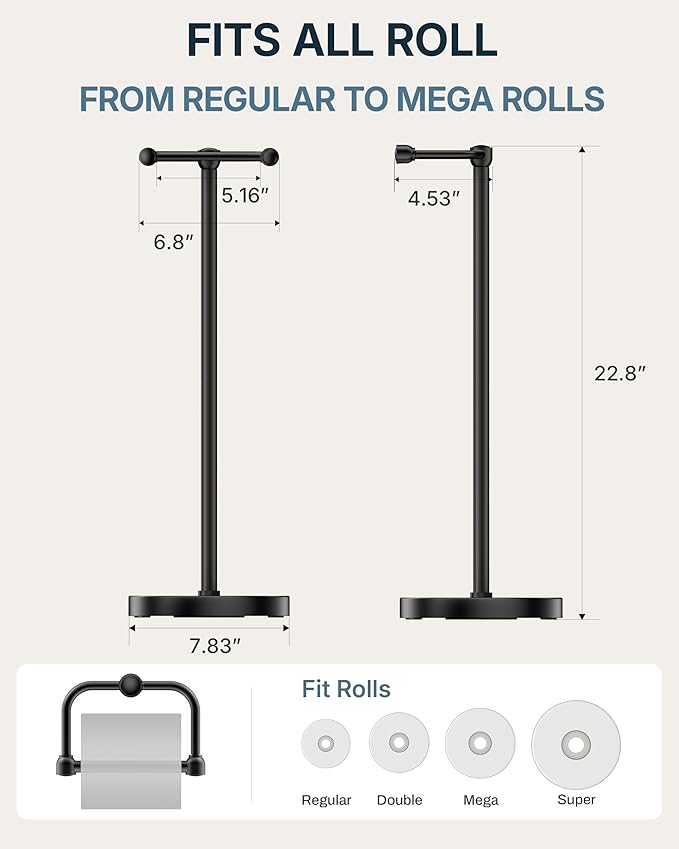 Toilet Paper Holder Stand, Modern Bathroom Free Standing Toilet Paper Roll Holder, Stainless Steel Tissue Rack, Rust-Proof & Heavy Stable Base (Matte Black)