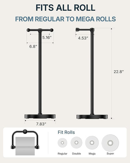 Toilet Paper Holder Stand, Modern Bathroom Free Standing Toilet Paper Roll Holder, Stainless Steel Tissue Rack, Rust-Proof & Heavy Stable Base (Matte Black)