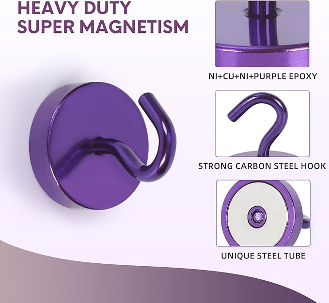 Neosmuk Magnetic Hooks, Cruise Ship Essentials, 80lb+ Heavy Duty Magnetic Hooks for Cruise Cabins, Refrigerator, Grill, Hanging, and Travel | Extra Strong Must-Haves Magnet Hook,Purple, 5 Pack