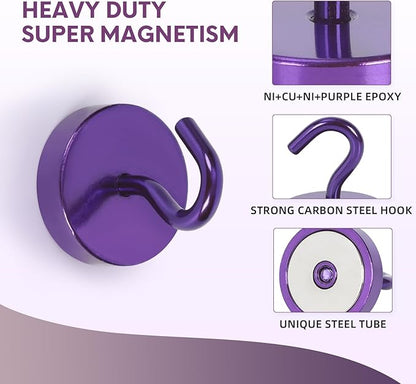 Neosmuk Magnetic Hooks, Cruise Ship Essentials, 80lb+ Heavy Duty Magnetic Hooks for Cruise Cabins, Refrigerator, Grill, Hanging, and Travel | Extra Strong Must-Haves Magnet Hook,Purple, 5 Pack