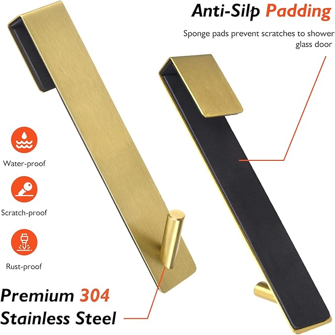 Shower Door Hooks(7.5 Inch),Extended Over Door Hooks for Bathroom Frameless Glass Shower Door,Stainless Steel Towel Hooks,Heavy Duty Rack Hooks for Robe,Towel-3 Pack-Gold