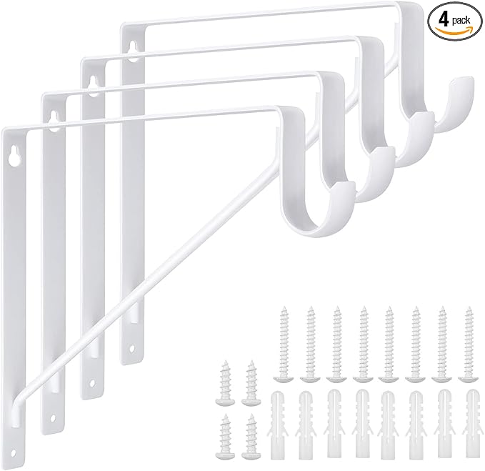 4 Pack Heavy Duty Closet Rod Brackets Holder 11 x 11 x 1 Inch White Closet Rod Support Bracket Black Steel Closet Rod Holders for Hanging Clothes Rod Support Brackets (White - 4Pack)