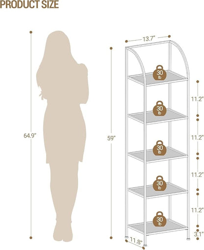 Bookcase Bookshelf, Tempered Glass Arched Bookshelf for More Storage, Slim Shelving Unit for Bedroom, Bathroom, Home Office, Steel Frame, 5 Tier Gold BC20599G
