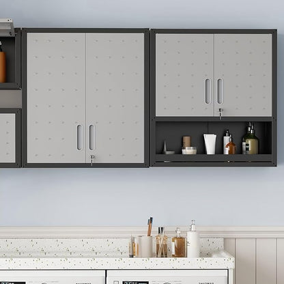 Metal Garage Wall Cabinet with Lock, Wall Mounted Metal Storage Cabinets with Doors and Shelf, Lockable Floating Tool Storage for Garage Basement Utility Room