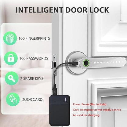 Fingerprint Door Lock Biometric Door Knob with Keypad Keyless Entry, Door Locks for Bedrooms, Home Hotel Office Apartment Silver