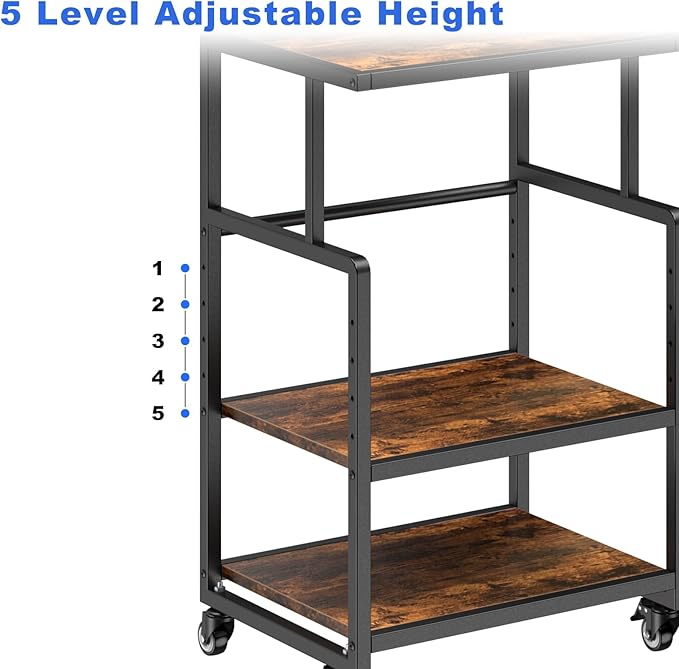 21.3 x 15.7 Inch Printer Stand, 5-Adjustable Heights 3 Tier Printer Cart with Wheels, Mobile Printer Table for Home Office for Storage Heat Press Scanner Fax, Rustic Brown