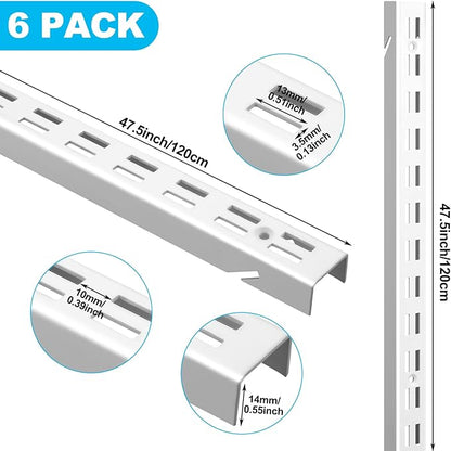 6 Pcs Shelf Rails Bracket Track 47.5 Inches Upright Closet System Hardware Adjustable Wall Standard Shelf Standards for Pantries, Linen Closets, Laundry Rooms, Utility Rooms (White)
