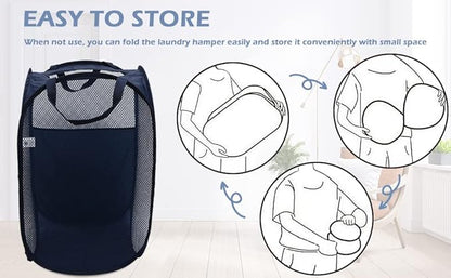 AQQA 6 Pcs Handy Laundry Collapsible Mesh Foldable Hampe (Black/White/Blue),Popup Laundry Basket with Durable Handles,Pop-up Mesh Hamper Dirty Clothes Basket for Kids Room, College Dorm or Travel