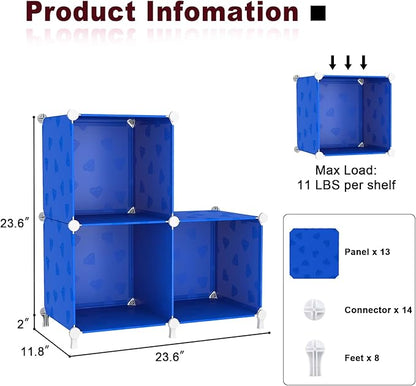 UNKU Cube Storage Organizer, 3 Cube Closet Organizer Storage Shelves, DIY Stackable Bookcase, Clothes Organizer Shelf for Closet, Bedroom, Living Room, Cabinet, Home, Office, Dark Blue