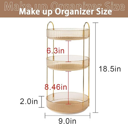 Rotating Makeup Organizer for Vanity, High-Capacity Skincare Clear Make Up Storage Perfume Organizers Cosmetic Dresser Organizer Countertop 360 Spinning (Gold, 3 Tier)