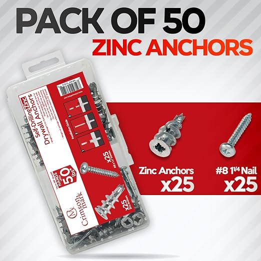 50Pcs Metal Self Drilling Drywall Anchors and Screws kit #8 x 1-1/4”- Superb Wall Anchors for Drywall, Holds Upto 50lbs – No Drill Hole Required with These Dry Wall Screws and Anchors