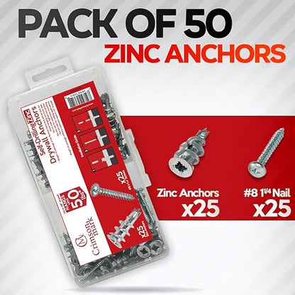 50Pcs Metal Self Drilling Drywall Anchors and Screws kit #8 x 1-1/4”- Superb Wall Anchors for Drywall, Holds Upto 50lbs – No Drill Hole Required with These Dry Wall Screws and Anchors