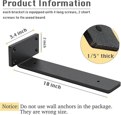 6 Pack Shelf Brackets 10 Inch Floating Shelf Bracket 1/5 inch Thick Heavy Duty Hidden Shelf Brackets Iron Metal Brackets for Shelf Support with Screw Included