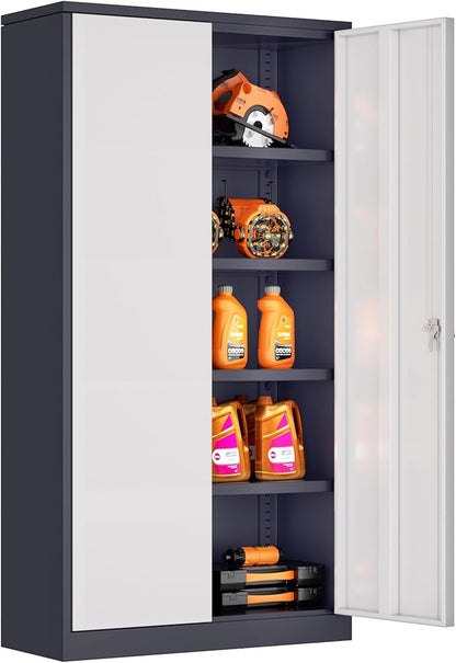 Bonusall Mental Garage Cabinets with 2 Door and 4 Shelves, Locking Cabinet with for Tool，Tall Garage Storage Cabinets for Home Office, Warehouse，School(White Grey)