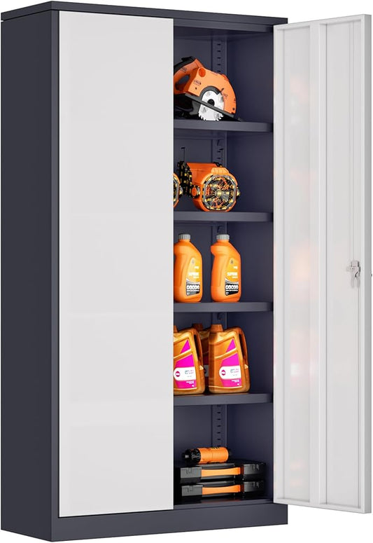 Bonusall Mental Garage Cabinets with 2 Door and 4 Shelves, Locking Cabinet with for Tool，Tall Garage Storage Cabinets for Home Office, Warehouse，School(White Grey)