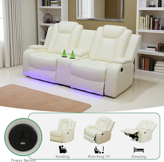 Power Reclining Sofa Set, Recliner Sofa Set, Ivory White Power Leather Reclining Loveseat Recliner for Living Room Furniture Set with Storage Console & Cup Holder for RV/Living Room