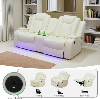 Power Reclining Sofa Set, Recliner Sofa Set, Ivory White Power Leather Reclining Loveseat Recliner for Living Room Furniture Set with Storage Console & Cup Holder for RV/Living Room