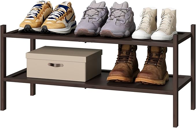 Bamboo Shoe Rack for Entryway, 2-Tier Stackable | Foldable | Natural, Shoe Organizer for Hallway Closet, Free Standing Shoe Racks for Indoor Outdoor