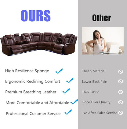 Power Recliner Sofa Set, Brown Power Reclining Sectional Sofa for Living Room, Breathing Leather Sectional Couch, Loveseat and Chair Sets with LED, USB, Cup Holders, Storage for House/Office