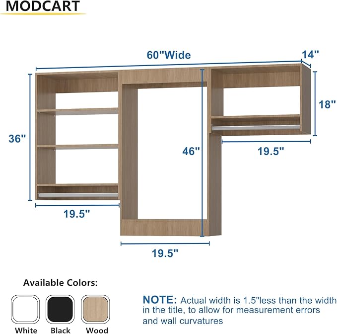 Modular Closet System, 60" Wide Organizer With Hanging Shelving, Wood Tower Storage for Walk-In Closets, Wall Mounted Wardrobe Kit, Bedroom