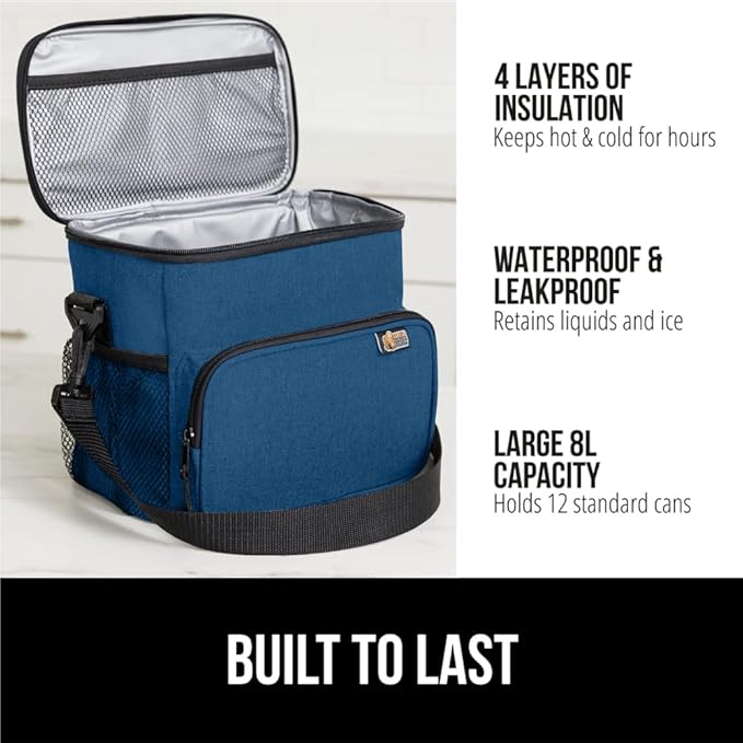 GORILLA GRIP Insulated Lunch Box Bag, Large Capacity, Leakproof Reusable Soft Cooler Bags, Mesh Pockets and Adjustable Strap, Food Tote for Work Camping School, Keep Drinks Cold, 8L, 10x9, Navy Blue