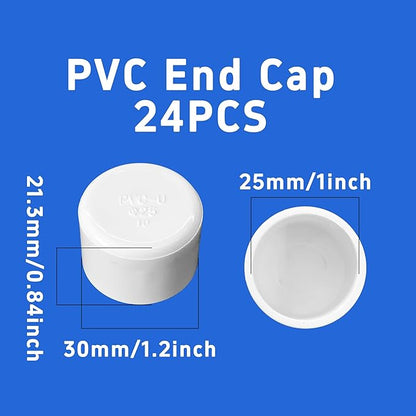 24PCS 3/4 Inch PVC End Caps(Not SCH40), White Furniture Grade Socket Plugs Adapter, PVC Pipe Fitting Covers for Greenhouse Frames & Shelving Systems(25mm Inner Diameter)