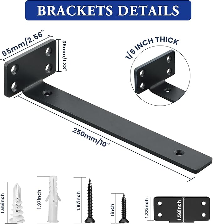 Alise Floating Shelf Brackets Black, 4 Pcs L Brackets for Shelves,10'' Hidden Invisible Shelf Brackets, 1/5" Inch Thick Heavy Duty Metal Wall Shelf Support Corner Brackets for Home and Mounting Shelf