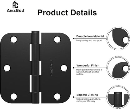Door Hinges Matte Black - 30 Pack Black Door Hinges 3.5 Inch Rounded Interior Door Hinge with 5/8" Radius Corners - Black Hinges for Doors 3 1/2 Inches Flat Iron Residential Door Hardware