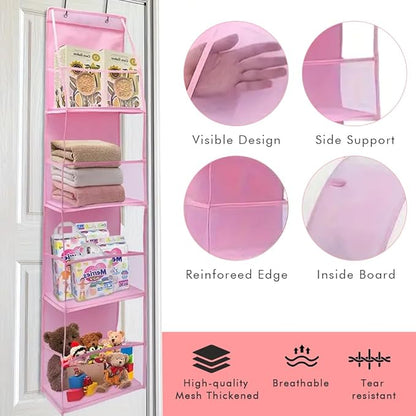 Bibabala Over The Door Organizer Storage,4 Shelf Swing-Proof Behind Door Organizers with Metal Hooks,Closet Hanging Organizer with 4 Large Clear Pocket for Bedroom,Bathroom,Pantry(Pink)