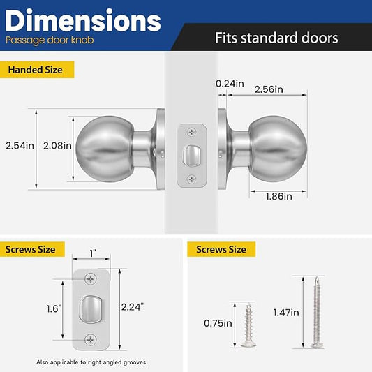 Passage Door Knob - Closet Door Knobs, Keyless Doorknob Interior Door Knob Without Lock for Hallway, Satin Nickel