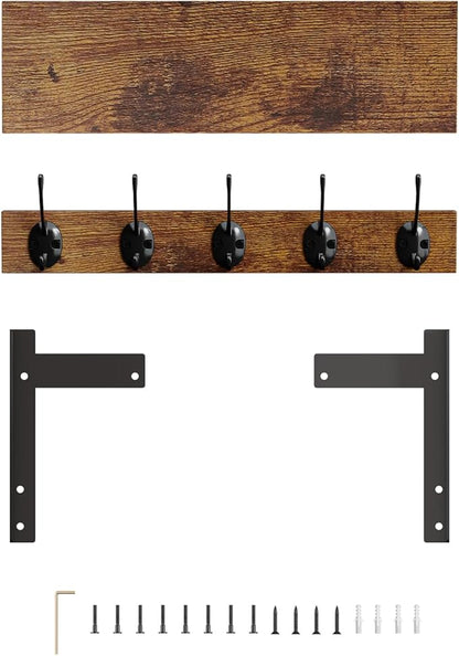 Wall Hooks with Shelf, Wood Coat Rack with Shelf Wall-Mounted, Entryway Hanging Shelves with 5 Metal Hooks for Clothes Hats Towel Purse Robes, Bathroom Mudroom Bedroom, Rustic Brown