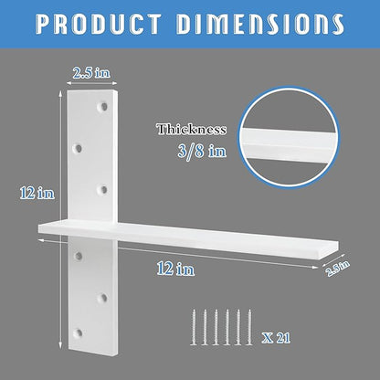 Floating Shelf Bracket 3/8" Thick Heavy Duty Shelf Brackets White 4 Pack Free Hanging Countertop Support Bracket 12" Lx2.5 W Floating Wall Brackets for Cabinets, Dishwasher, Bench Seats Vanities