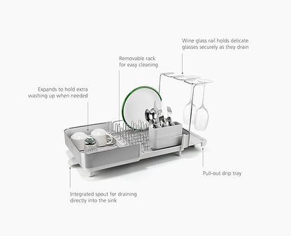 Joseph Joseph Extend Steel Plus Extendable Dish Rack Steel, Small to Large Dish Drainer with Wine Glass Holder & Drain Spout
